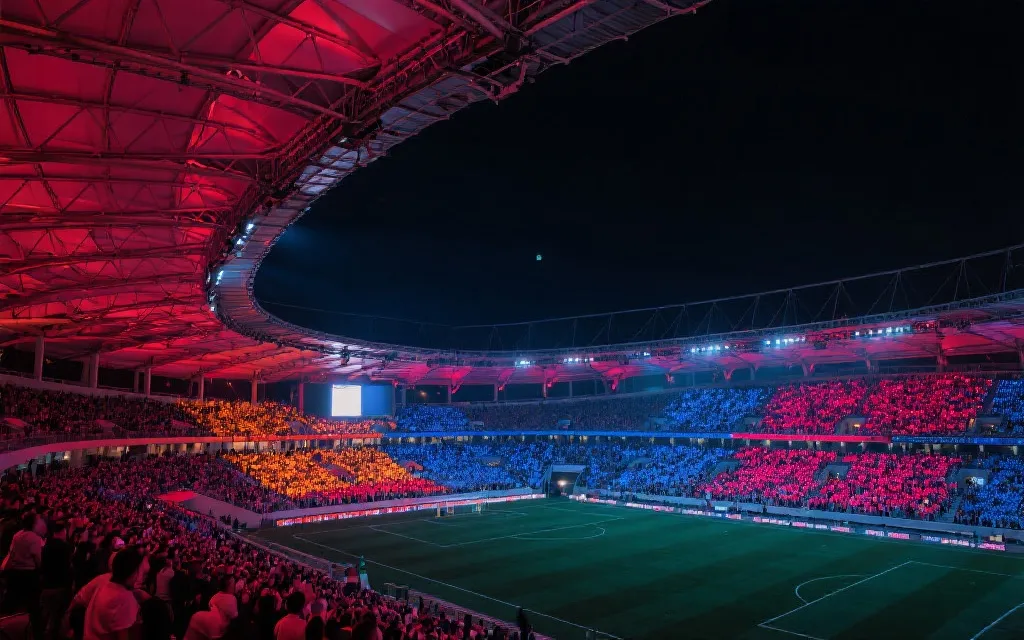 夜晚灯光下的现代足球场看台与声浪氛围