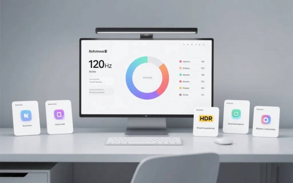 智能电视参数对比的桌面场景，展示刷新率、HDR、运动补偿等图标，极简信息图风格