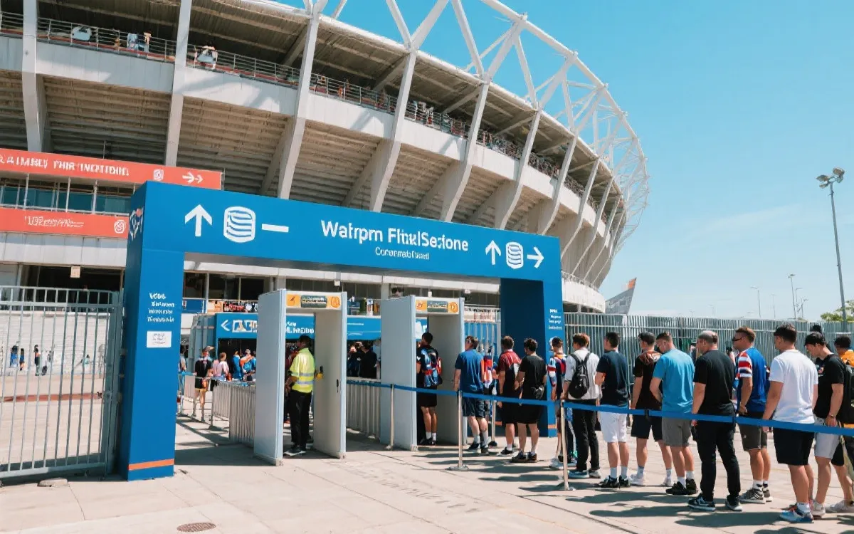 世界杯比赛日球场入口安检排队与指示牌，球迷轻装入场