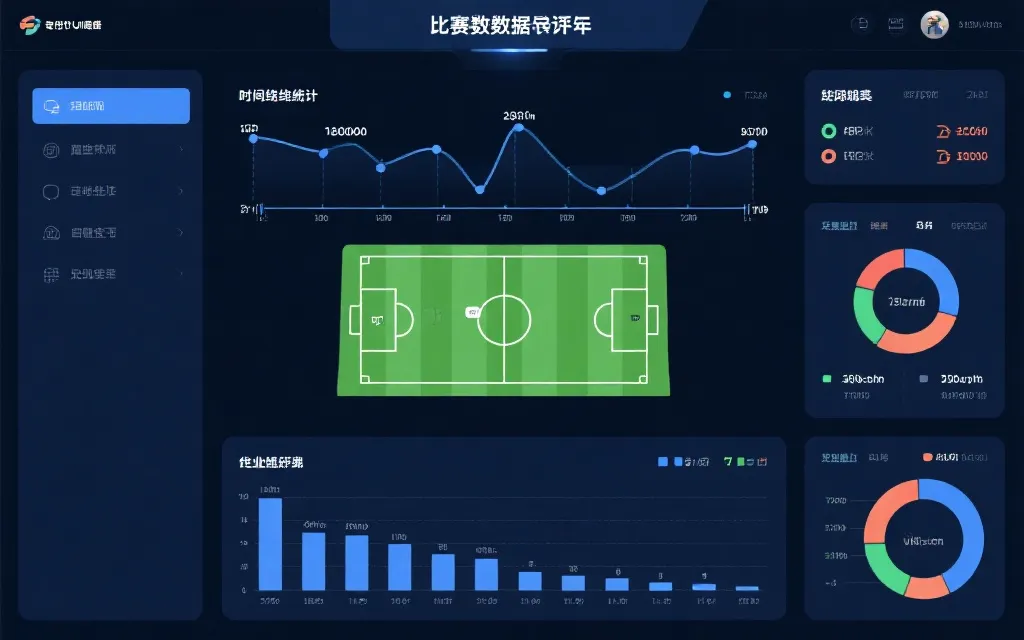 赛后数据复盘界面占位图：时间线、统计图与阵型示意