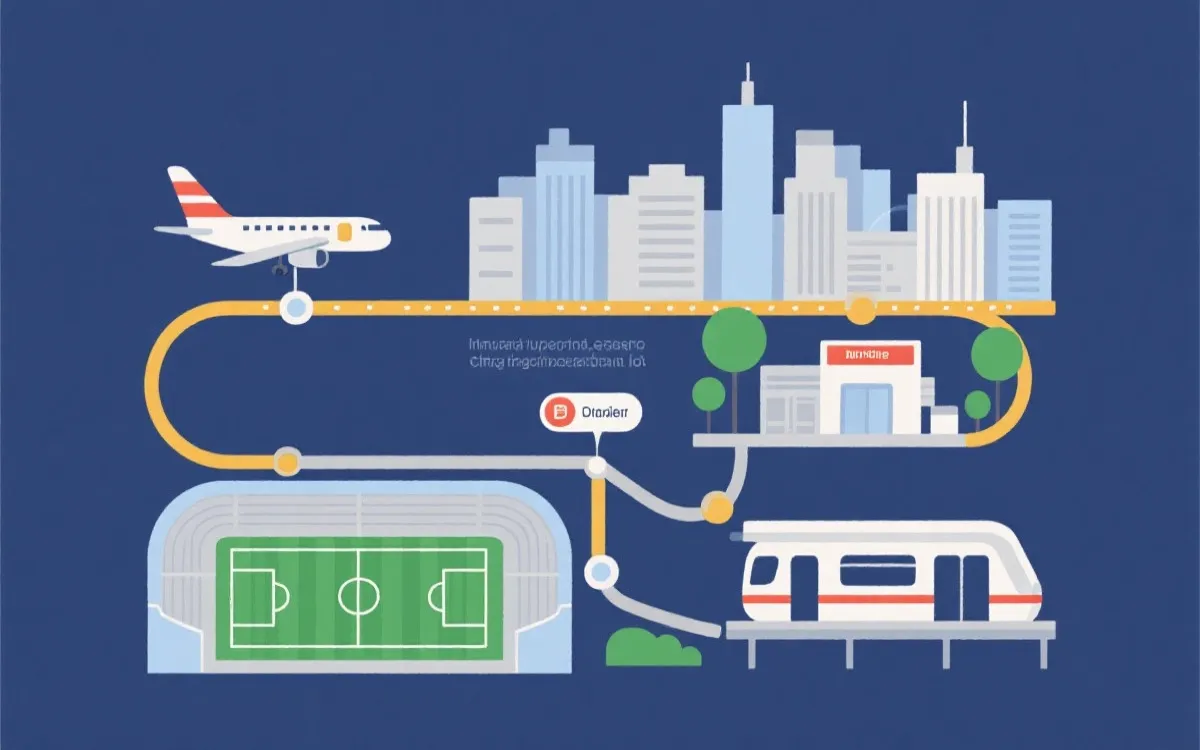 城市到球场的出行路线示意，包含机场、市中心、球场与地铁站点位