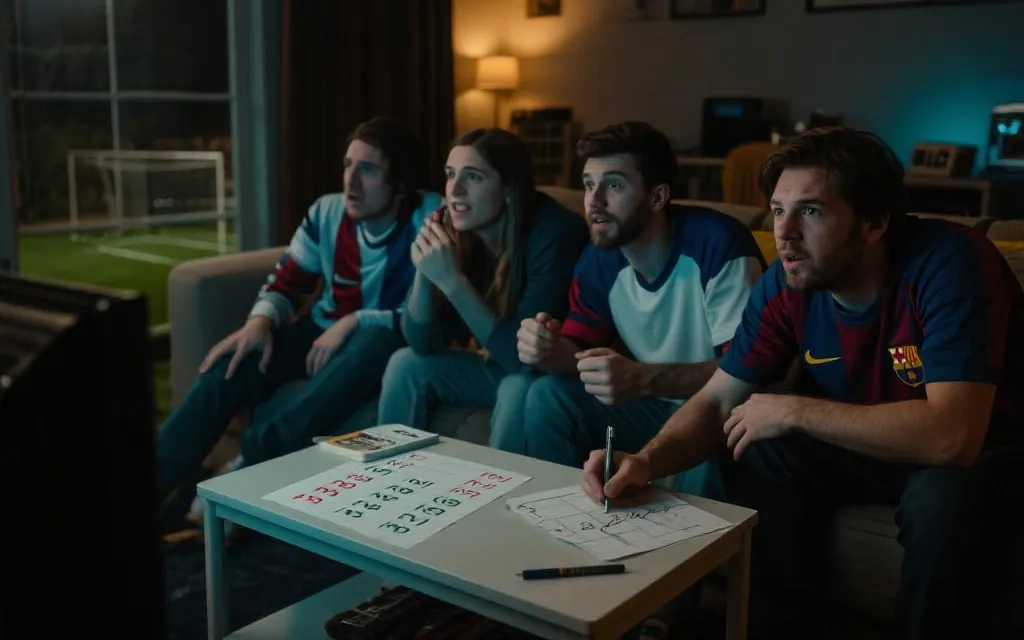 比赛夜晚球迷手持战术板计算积分与净胜球，紧张氛围